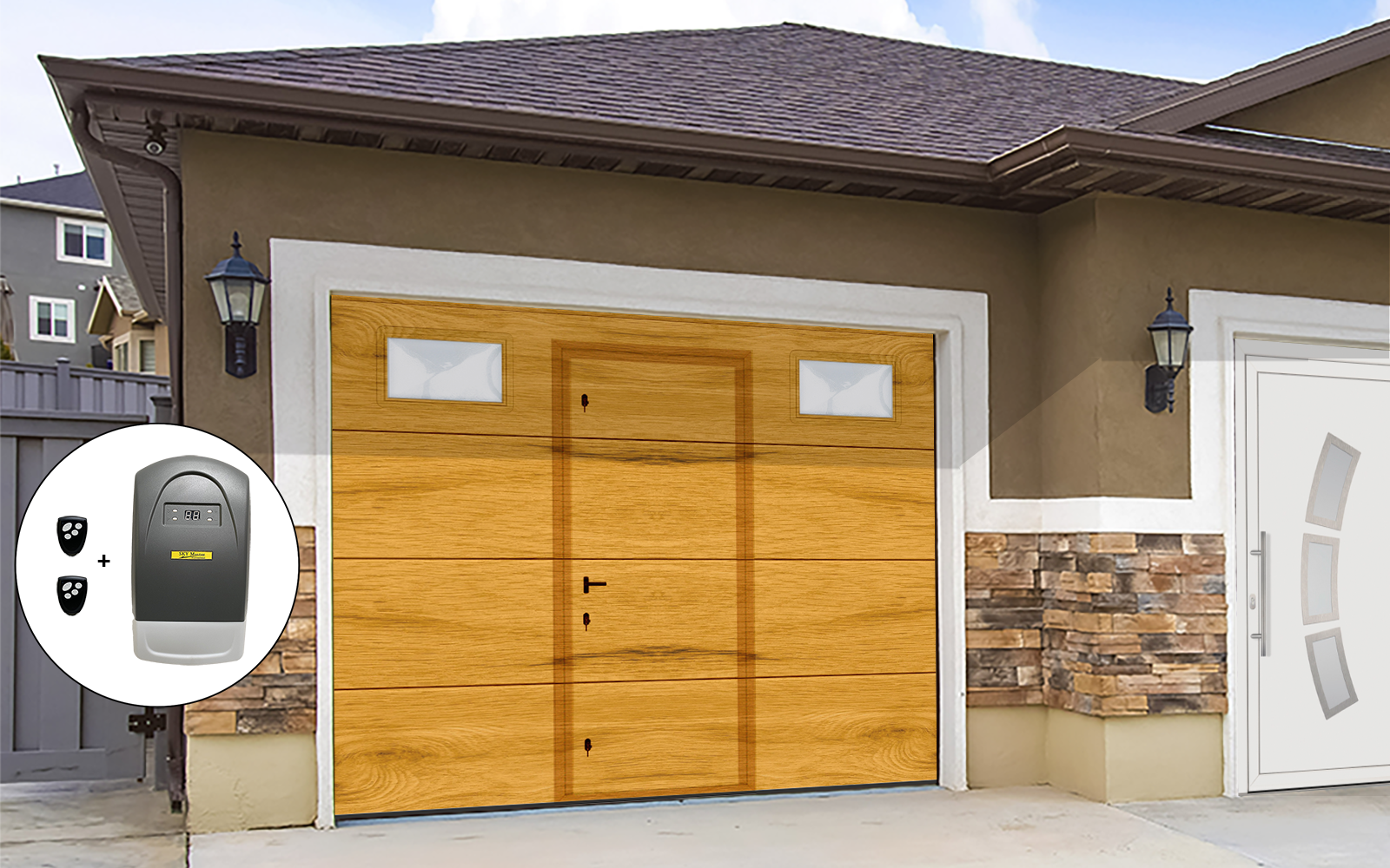 Porte de garage sectionnelle à panneaux lisses  2400 x 2000 chêne doré avec portillon et hublots
